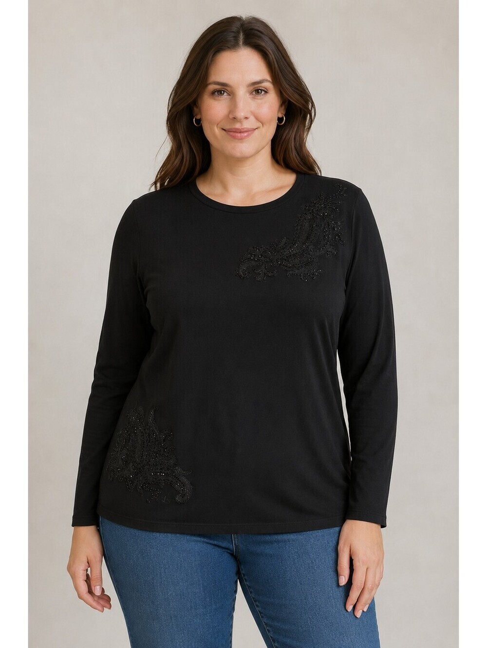Lauren Ralph Lauren Black Embellished Paisley Long Sleeve Top Women's 2X Cotton